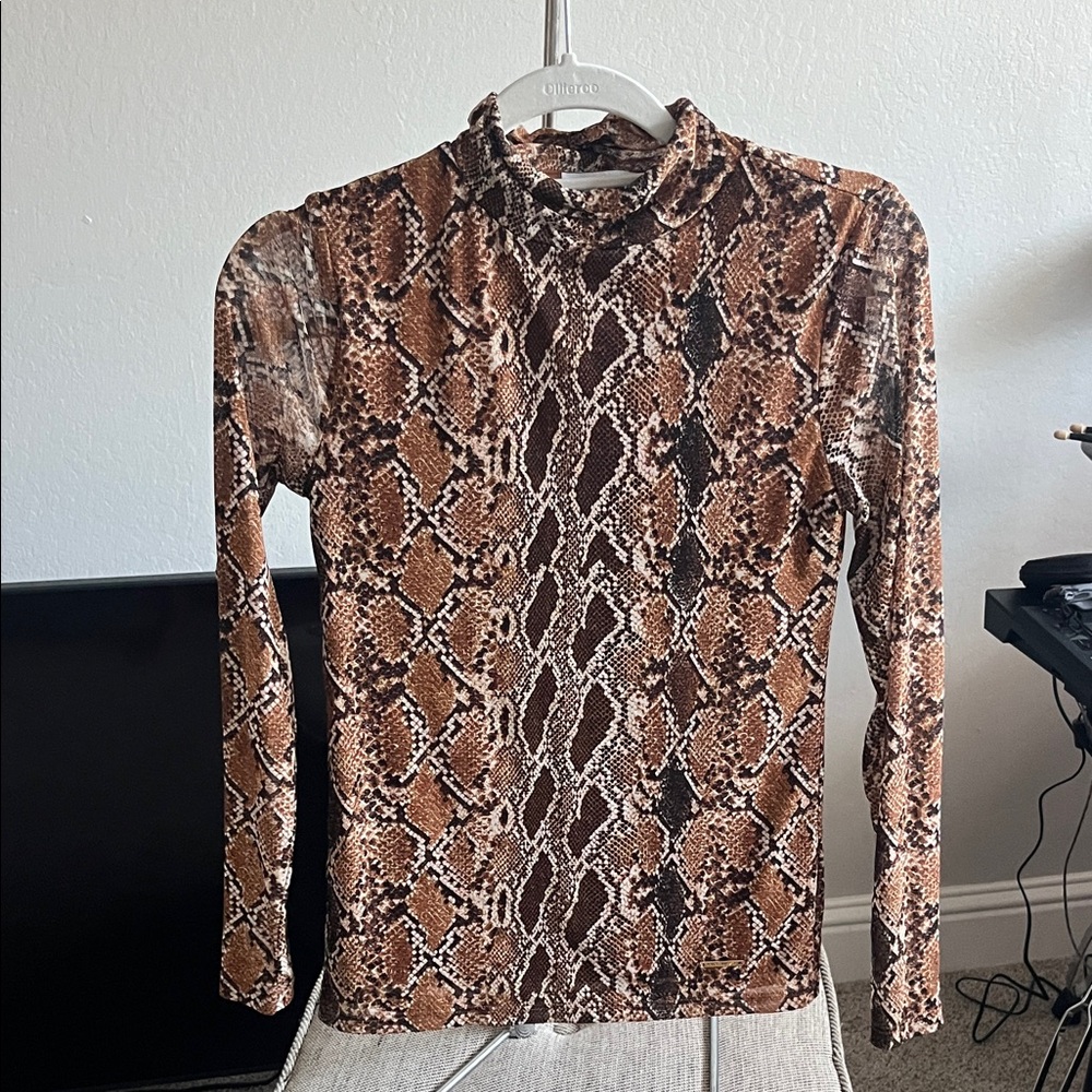 Nine West Brown Snake-Print Mock Neck Top